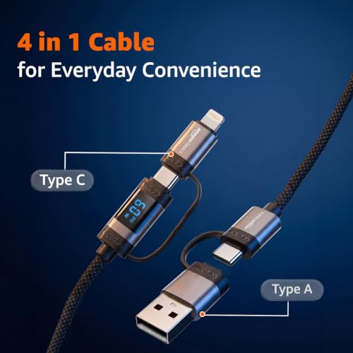 Image of amazon basics 100W Magnetic Charging Cable with LED Indicator, Self-winding, 480Mbps, 4 Ports (2 Type-C, Type-A, Apple Connector), 1.3M Length, For Laptops, Tablets, & High-power Devices (Black)