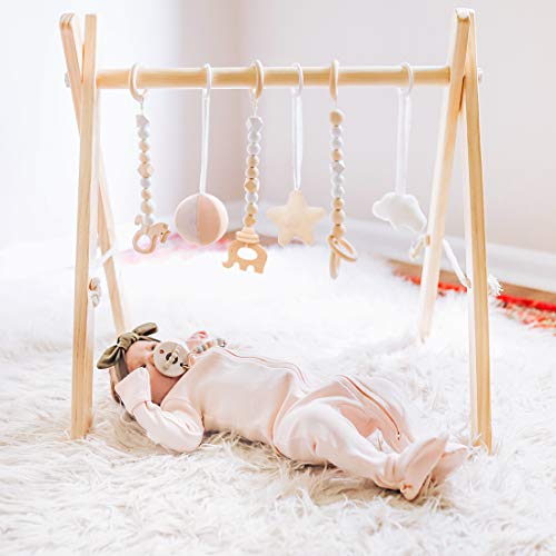 funny supply Wooden Baby Gym with 6 Gym Toys Foldable Baby Play Gym