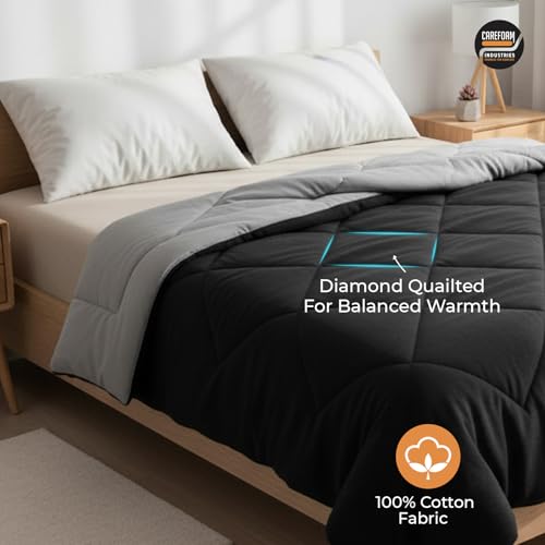 Image of CareFoam Premium AC Comforter Reversible 220 GSM Microfiber Soft| All-Season Thermal Quilt | Lightweight & Fluffy AC Blanket for Cozy Warmth | Single Bed 60 x 90 | Black & Grey