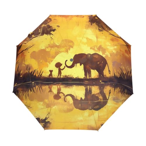 Parapluie pliable automatique éléphants bruns et coucher de soleil doré pour voyage et plage