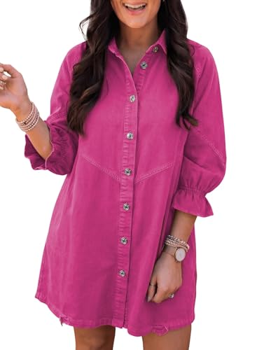 Image of Sidefeel Womens Smocked 3 4 Sleeve Button Down Denim Jeans Dresses
