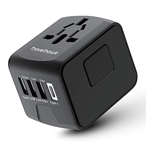 TravelHawk Spina da viaggio - Caricatore rapido da 20 W tipo G, tipo A - 1 x USB-C e 3 spine mondiali USB Adattatore universale da viaggio spina mondiale Regno Unito, USA, Australia, Asia, Sud