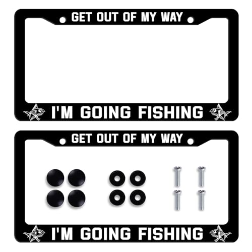 2Pack Funny License Plate Frame Get Out of My Way I'm Going Fishing Personalized License Plate Holder for Front or Rear Car Tags Stainless Steel Car Decoration with Screws 6.2 X 12.2 inch