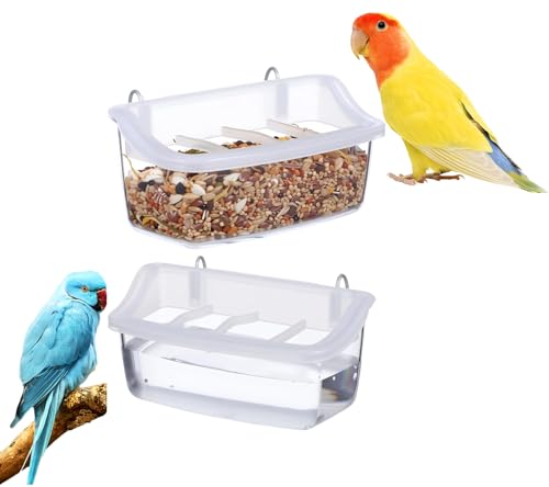 DOITOOL 2pcs Bird Cage Food Bowls, No Mess Bird Feeder for Cage, Clear Plastic Hanging Food Dish, 4 Slot Parakeet Water Dispenser, 4.52 x 2.36 x 2.16 Inch