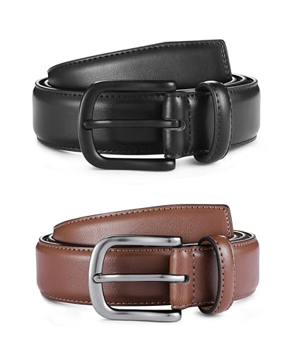 MILORDE Men's Leather Dress Belt 2Pack, Handmade, Genuine Leather, Fashion & Classic Designs for Work Business and Casual2