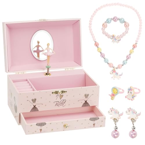 Joyero Musical para Niña Cajas de Musica con Bailarina Giratorio, Espejo Cajón Extraíble de Joyas y Collar, Pulsera, Anillos, Pendientes de Unicornio, Regalo de Cumpleaños para Niñas de 3 a 12 Años