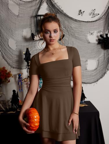 Image of XXTAXN Women's Sexy Square Neck Short Sleeve Ruched Tiered Ruffle Hem Flowy Club Party Mini Dress