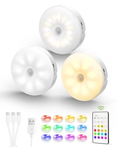 EZVALO Under Cabinet Lighting, 15 Colors Rechargeable Puck Lights,1000mAh Motion Sensor Night Light, Puck Lights with Remote,Stick on Lights for Kitchen,Wardrobe Closet,Bedroom,Counter(3 Pcs)