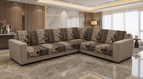 Image of KINGLY Quilted Velvet Sofa Cover Mehndi Green L Shape 3+3 Anti Skid Pipe