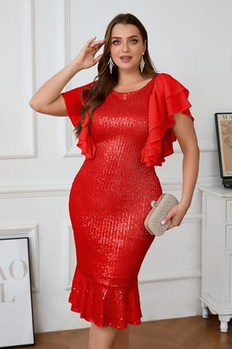 Image of VERWIN Plus Size Sequins Dress Ruffle Sleeve Midi Dress Bodycon Mermaid Hem Dress Sparkly Round Neck Prom Dress