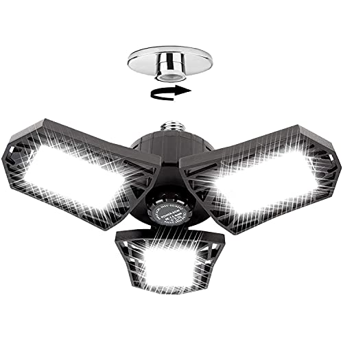 splumzer LED Garage Lights 60W, Deformable Garage Lights Ceiling LED, 3 Panels Shop Light 6500K Daylight Adjustable Folding Garage Lighting Bulb E27 for Workshop,Warehouse, Barn, Basement, 1 Pack