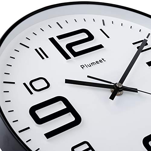 Plumeet Silent Wall Clocks - 12" Non-Ticking Quartz Large Decorative Clocks - Big 3D Number Good for Living Room Home Office Battery Operated (White)