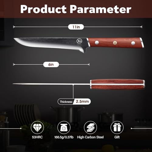 TAN REN 6 Inch Boning Knife for Meat Cutting, High Carbon Steel Deboning Knife for Butchering, Full Tang Fillet Knife with Wood Handle, Processing Knife for Meat Trimming