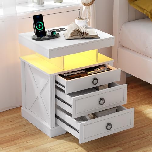 Image of HNEBC Gun Nightstand with Hidden Drawer&Wireless Charging &LED Lights-White | Smart Farmhouse Nightstand with Charging Station,3 Color Auto Light, Hidden Storage,3 Drawers for Bedroom Furniture