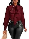 Vrtige Women's Elegant Bow Tie Neck Long Sleeve Blouse Office Shirt Top Burgundy Large