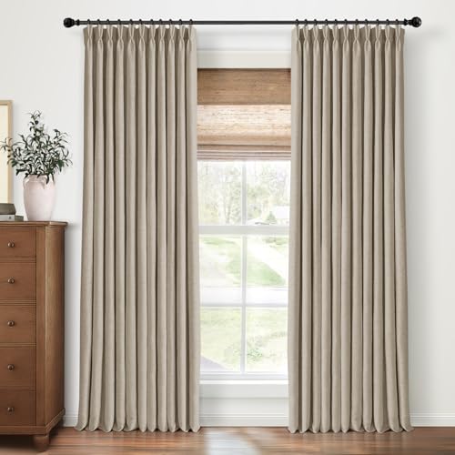 Pinch Pleated Blackout Curtains 120 Inch Long, Linen Blend, 100% Blackout Drapes with 20 Hooks, Ideal for Bedroom and Living Room, 40" W x 120" L (Pack of 2), Dark Flax