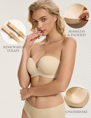 Image of Wingslove Strapless Bra Push Up for Women Underwire Half Backless Bra with Removable Straps Seamless Padded Support