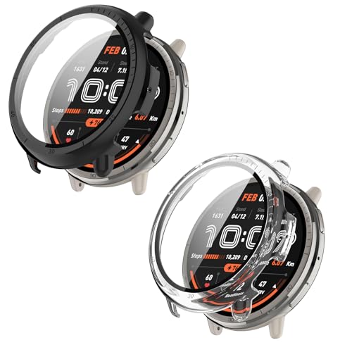 LanQii 用の Amazfit Active 2 ケース 【2個セット】 カバー スマートウォッチ 保護ケース ガラスフィルム 高級素材 一体型カバー キズ防止 軽量 全面保護 二重構造 超薄型 装着簡単 耐衝撃 指紋防止 用の Amazfit Act