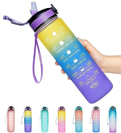BOTTLE ZONE 32oz Plastic Leakproof BPA-Free with Time Marker & Straw Drinking Water Bottle to Ensure You Drink Enough Water Throughout the Day (Yellow Purple)