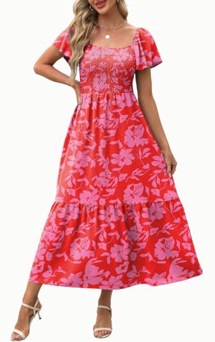 Image of OFEEFAN Summer Dresses for Women Square Neck Ruffle Sleeve Smocked Maxi Dress with Pockets