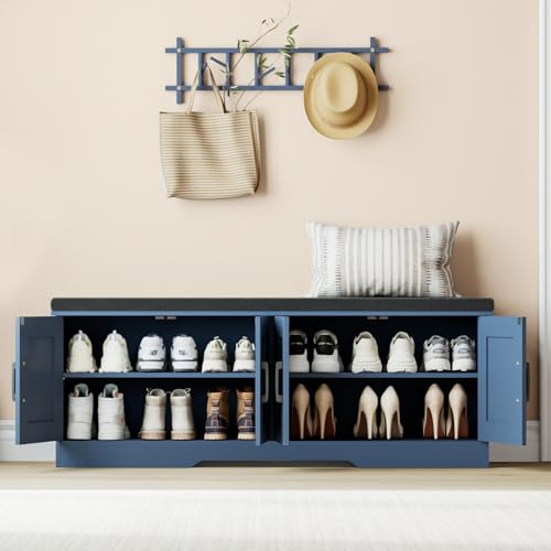 Image of HOMSHO Farmhouse Shoe Storage Bench with 4 Barn Doors & Padded Seat Cushion | 47.2 inch Wide Entryway Bench with Adjustable Shelves & Hidden Storage, Blue