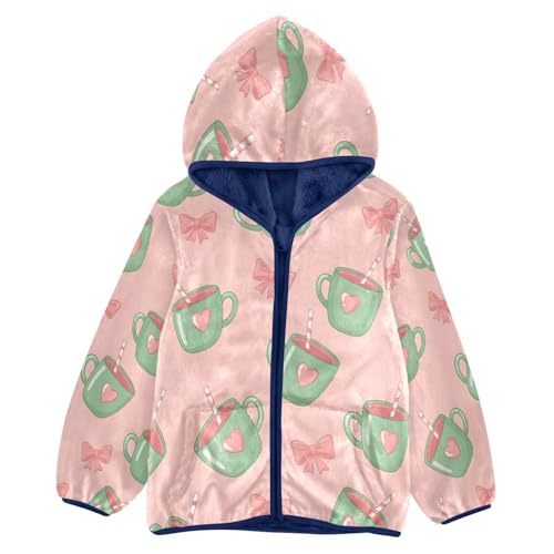 Cute Green Cups with Hearts Toddler Fleece Jacket Girl Boys Hooded Fleece Jacket Coat Warm Outwear Zip-up 3-10T