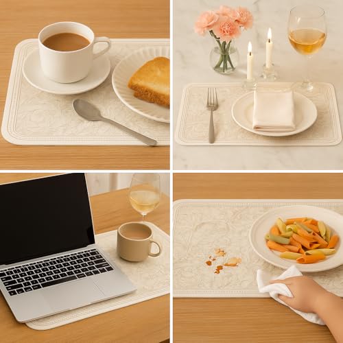 Image of Leather Placemat Cream Floral Design with Border | Heat Resistant, Waterproof, Non-Slip, Easy to Clean Faux Leather Dining Table Mats (Set of 2)