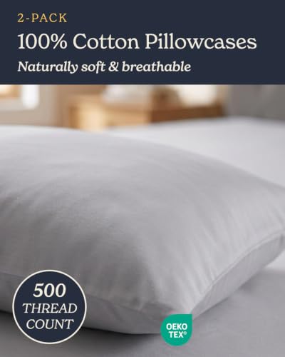 Image of Beckham Hotel Collection King Pillow Cases Set of 2, Cool Touch Sateen Pillowcases, 500TC Cotton, Silky Smooth & Soft, Open End, Light Gray