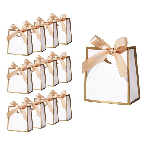 12Pcs Mini Gift Bags with Gold Ribbons 12× 11× 6 cm Small White Gift Bags White Party Bags for Wedding Baby Shower Birthday