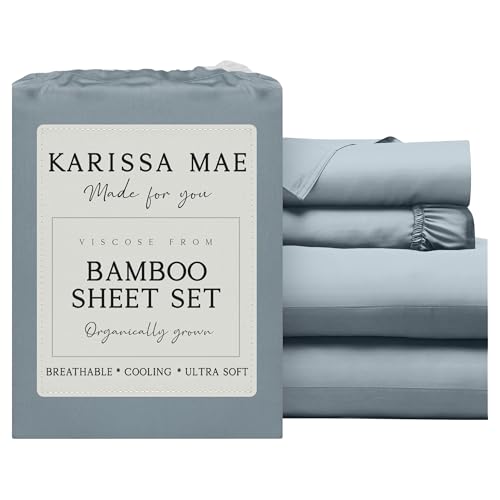 Image of KARISSA MAE Luxury Bamboo Viscose Queen Size Sheet Set | FSC Certified | Cooling | Ultra Soft | 18 inch Deep Pockets | Elastic Corner Straps | Includes Organizer Band [Chambray Blue]