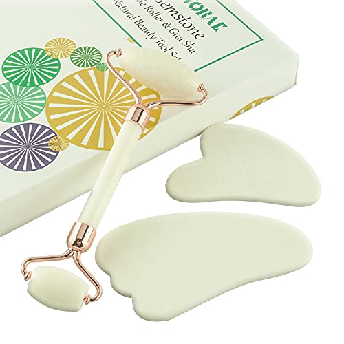 Sworae Face Roller, Jade Roller and Gua Sha Facial Beauty Roller Skin Care Tools Set, Natural Jade Stone Massager for Eyes, Face, Neck, Body Muscle Relaxing and Relieve Fine Lines and Wrinkles (White)