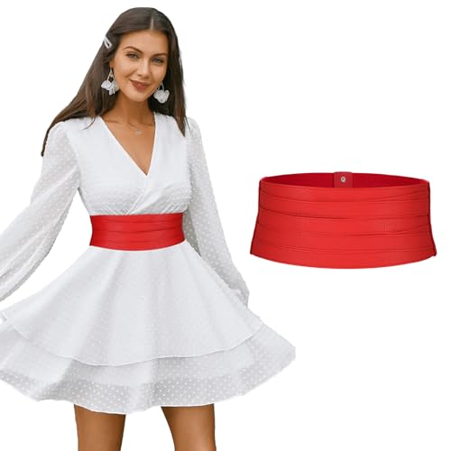 LEACOOLKEY Ceinture Large Femme en Cuir Élastique, Ceinture de Taille à la Mode pour Robes et Jeans, Cadeau Élégant pour les Fêtes, rouge, 90cm(Misura vita 89cm-106cm)