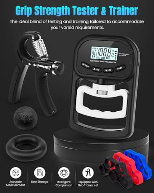 Grip Strength Trainer 7 Pack, Grip Strength Tester Trainer, Hand Grip Strengthener Adjustable Hand Gripper, Finger Stretcher Resistance Extensor Bands, Grip Strength Ring, Stress Ball