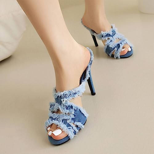 Optigard Women's Denim Cloth Slip On Open Toe Stiletto Shoes Crossover Strap Hollow Mules Fish Mouth Slingback Evening Dress Party Wedding Prom Sandals4