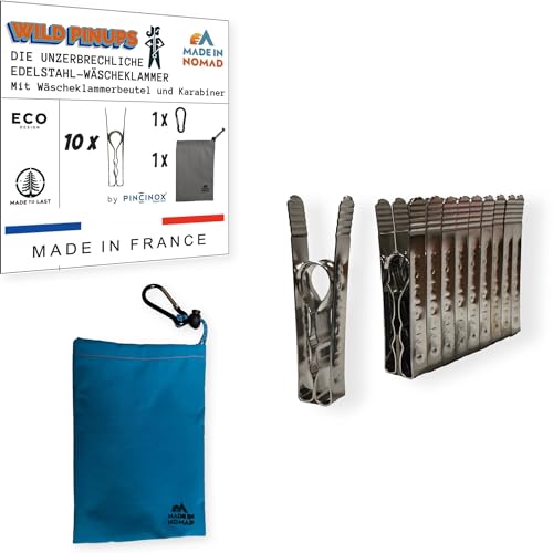 Wild PinUps: 10 Unzerbrechliche Edelstahl Wäscheklammern Pincinox mit Wäscheklammerbeutel und Karabiner. Für Waschküche, Wäscheleine, Wäschespinne. Robuste und langlebige Wäscheklammern Made in France