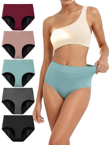 TIICHOO Period Panties Women Heavy Flow Incontinence Underwear for Women Washable Leakproof Underwear 5 Pack (Medium 1 Black/1 Light Grey/1 Burgundy/1 Rose Gold/1 Turquoise Green)