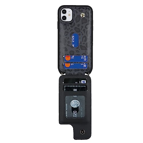 Image of for iPhone 11 Phone Case with Card Holder and Strap for Women,Crossbody Lanyard,RFID Blocking,Kickstand Ring Stand,Snap Clasp,Cute Phone Wallet Cases 6.1 inch(Black Leopard)