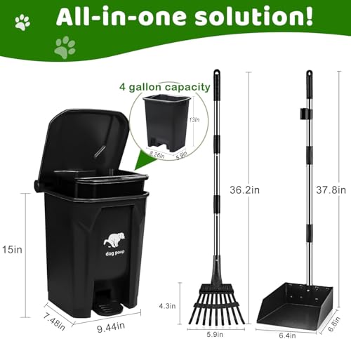 Image of Dog Poop Trash Can Outside with Pooper Scooper, 20L /5Gal Dog Waste Trash Can with Lid, Pedal and Removable Inner Bin, Pet Poop Bin with Metal Rake & Tray and 100 Bags