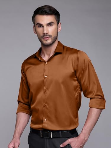 Image of IndoPrimo Men's Satin Shirt with Spread Collar Neck Line Solid Pattern Full Sleeves Regular Fit Western Style and Standard Length