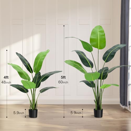Bird of Paradise Artificial Plant,4FT Faux Tropical Palm Potted Tree Fake Artificial Bird of Paradise Plant for Indoor House Home Office Housewarming