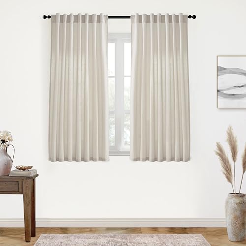Image of XTMYI Back Tab /Hook Belt Linen Cotton Sheer Curtains for Bedroom 2 Panels,45 Inch Length,Oatmeal Beige