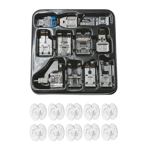 Image of ZENITH 11 Pcs Sewing Machine Presser Feet Accessories Kit, Compatible with Brother, Usha Janome, Singer Low Shank, Multiple Stitch Functions (11 pc Kit + 10 Transparent Plastic Bobbins)