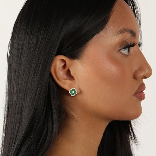 Lavari Jewelers Four Petal Halo Flower Stud Earrings for Women - Black Onyx Mother of Pearl Malachite Cubic Zirconia in 925 Sterling Silver - Hypoallergenic Gold Plated - 11 MM Push Back Studs for Her2