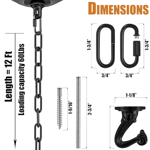 Image of 12 Ft Heavy Duty Hanging Chain Kit (Black) | with Connection Locks & Swag Ceiling Hooks for Lighting Fixture, Pendant, Lantern, Swag Lamp, Plant Basket, Bird Feeder