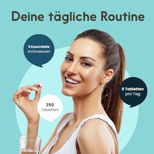 Aminosäuren Komplex Hochdosiert - 250 Tabletten - 6105 mg pro Tagesportion mit 9 Essentiellen Aminosäuren + Glycin, Taurin & Carnitin - Protein Tabletten - Vegan & produziert in Deutschland