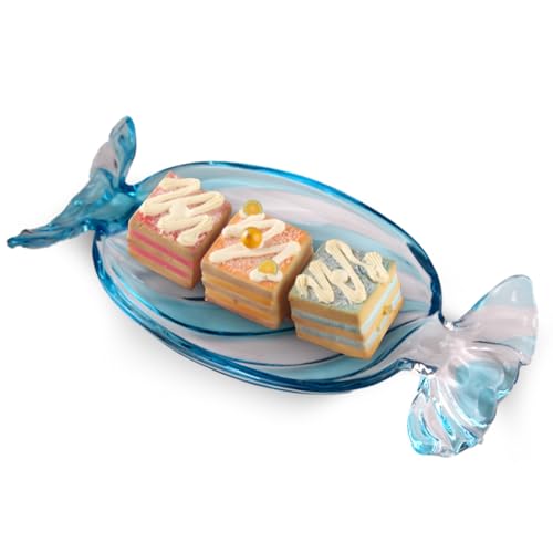 Colorful Glass Candy Platter – Christmas Serving Tray for Holiday Treats, Decorative Dessert Plate for Xmas Parties, Large Festive Glass Dish for Cookies, Snacks & Sweets (Blue)