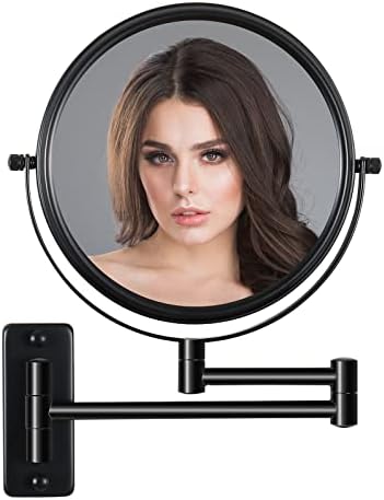 Wall Mounted Makeup Mirror 1x/ 10x Magnifying Mirror 8 Inch 360 Degree Rotating Bathroom Cosmetic Mirror,Reversible Double Sided Personal Vanity Mirror Telescopic Folding Without Dead Ends (Black)