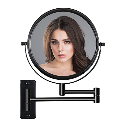 Wall Mounted Makeup Mirror 1X/ 10X Magnifying Mirror 8 Inch 360 Degree Rotating Bathroom Cosmetic Mirror,Reversible Double Sided Personal Vanity Mirror Telescopic Folding Without Dead Ends (Black) #TOP13