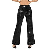 YHYJMY Womens High Waist Wide Leg Sparkle Sequin Bling Glitter Elastic Loose Flare Bell Bottom Shiny Pants (K005-Pure Black-M)