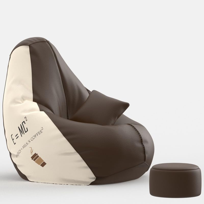 Image of Biggie Bean Bag Chair with Beans Filled - Bean Bag Sofa with Footrest - E=Mc2 Brown Cream Printed Bean Bags for Living Room, Bedroom - Free Cushion & Footrest - Beancanvas Combo - Faux Leather, 4XL